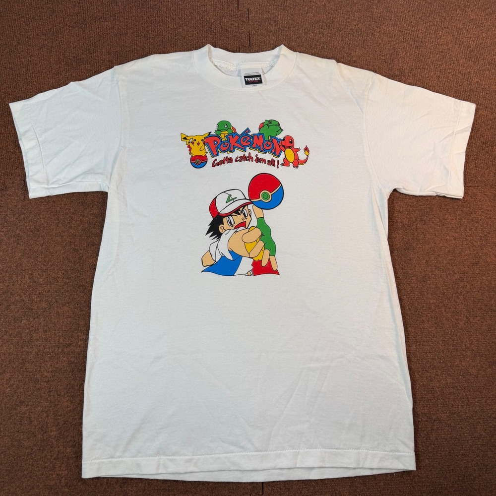 Pokemon Ash Ketchum T-Shirt Mens Large White Graphic Gotta Catch Em All Tultex